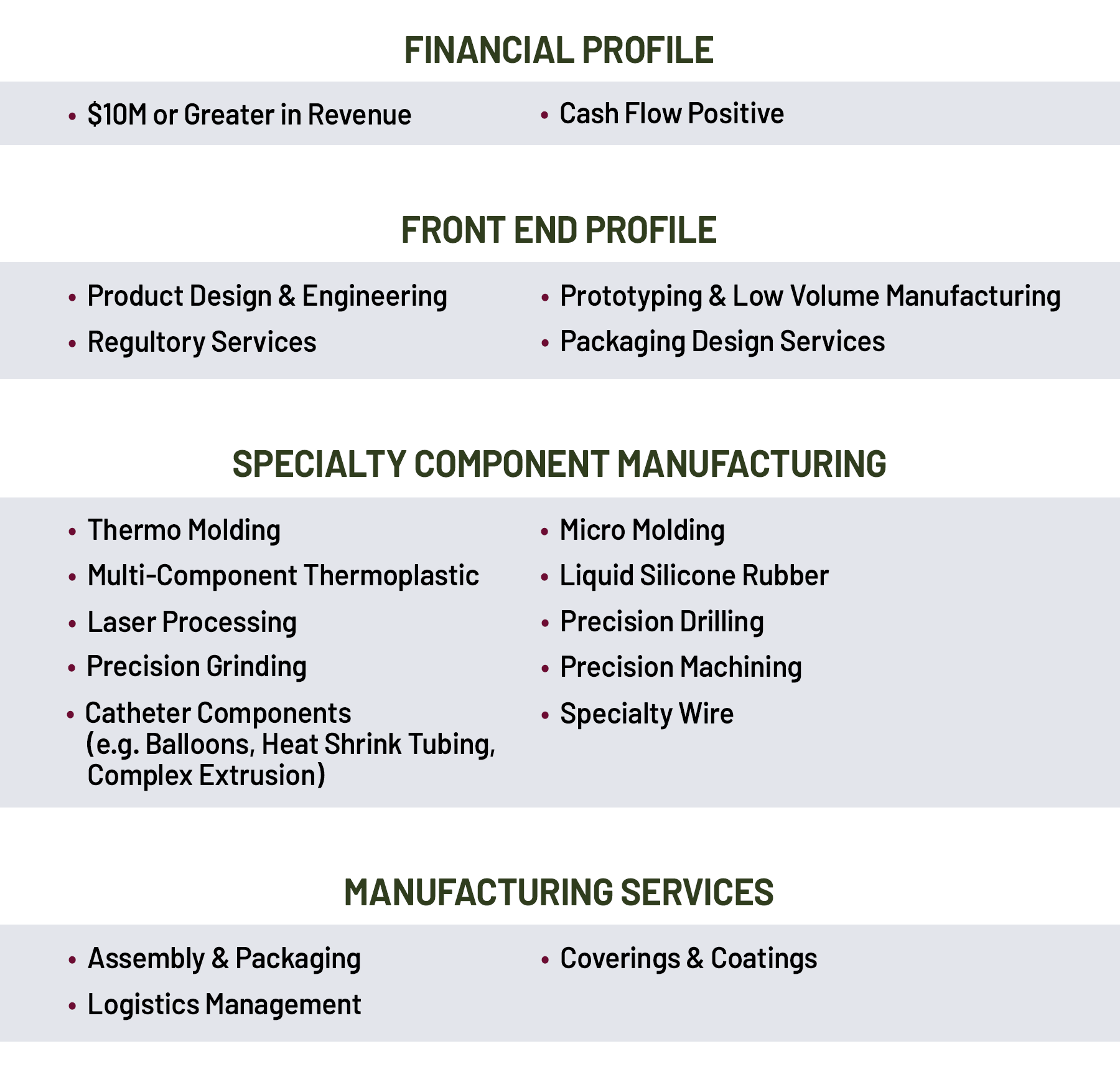 medical manufacturing opportunities criteria